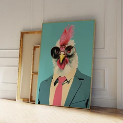 Modern Blue Funny Chicken In Suit Dancing Cool Animal Wall Art Prints Canvas Painting Poster Picture Living Room Home Decor