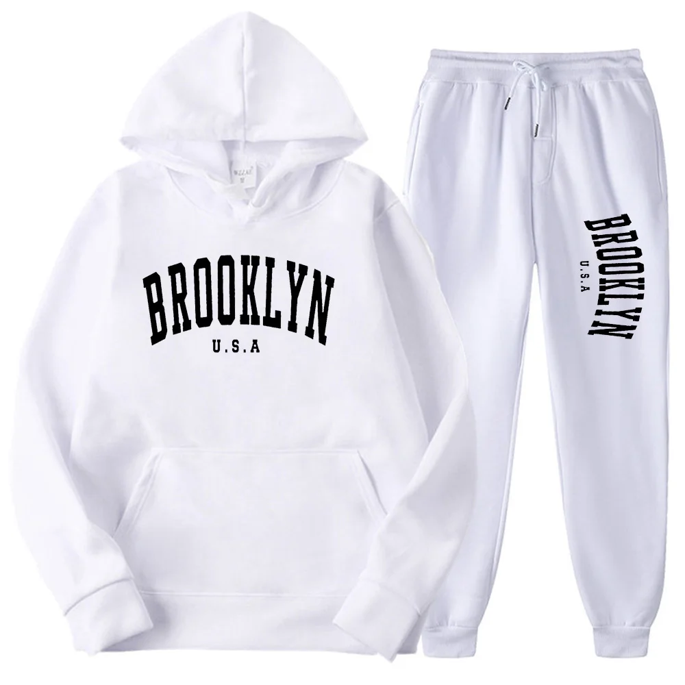 BROOKLYN USA Autumn Winter Popular Mens Tracksuit Zipper Hooded Sweatshirt Suit Casual Warm Jacket Coat+Jogging Sweatpants