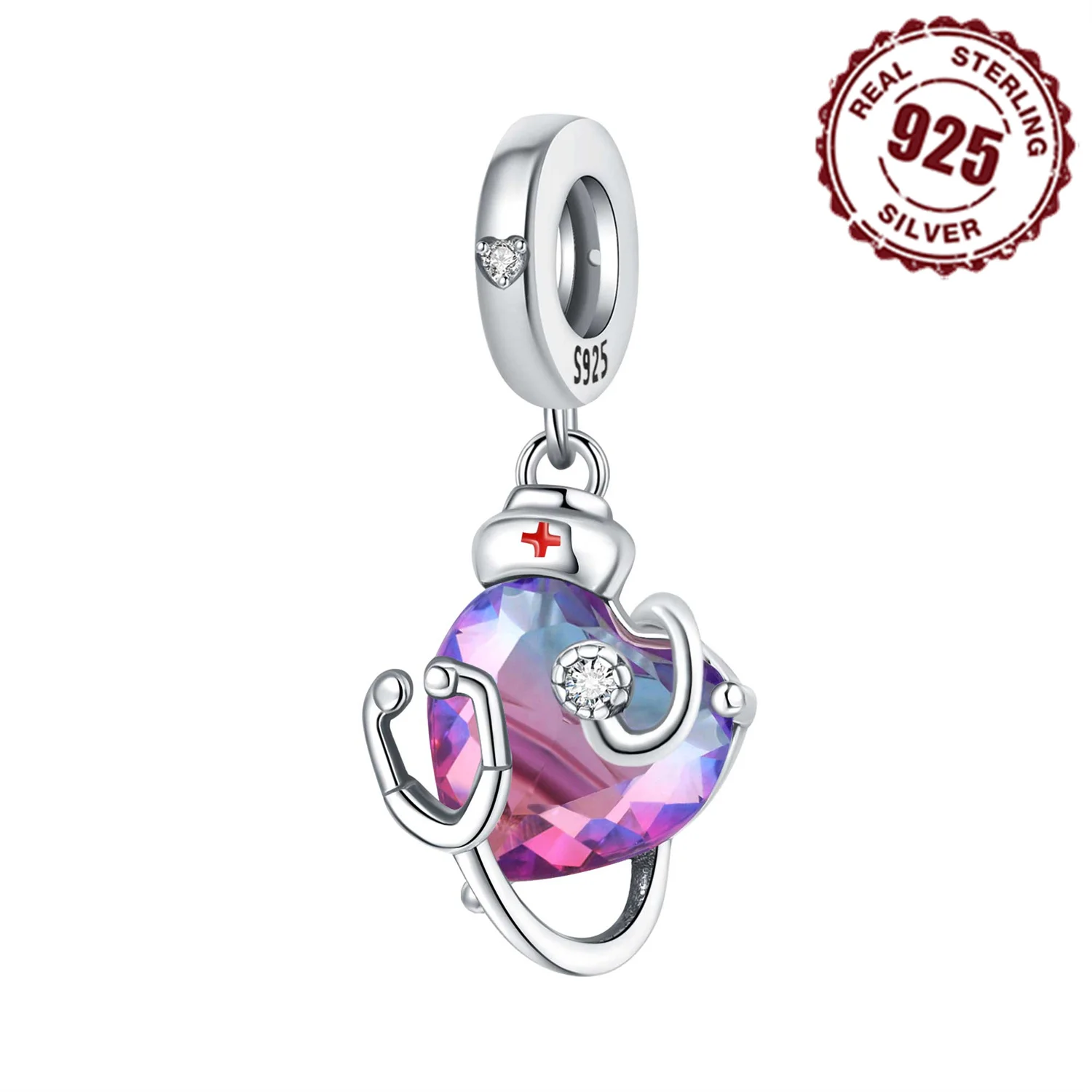 

925 Sterling Silver Stethoscope Gradient Heart Pendants Bracelet Charms Fit Women Jewelry Party Beads DIY Fine Gift Accessories
