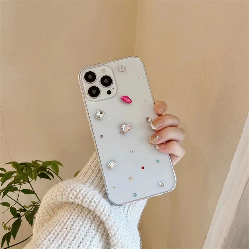 INS Color diamonds Transparent Phone Case For iPhone 15 14 13 12 11 Pro Max X XS Max XR Shining Epoxy Soft Shockproof Back Cover