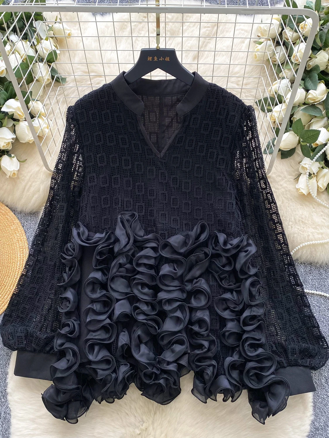 

Long Sleeve Shirt for Women Autumn Mesh Ruffle Elegant Top