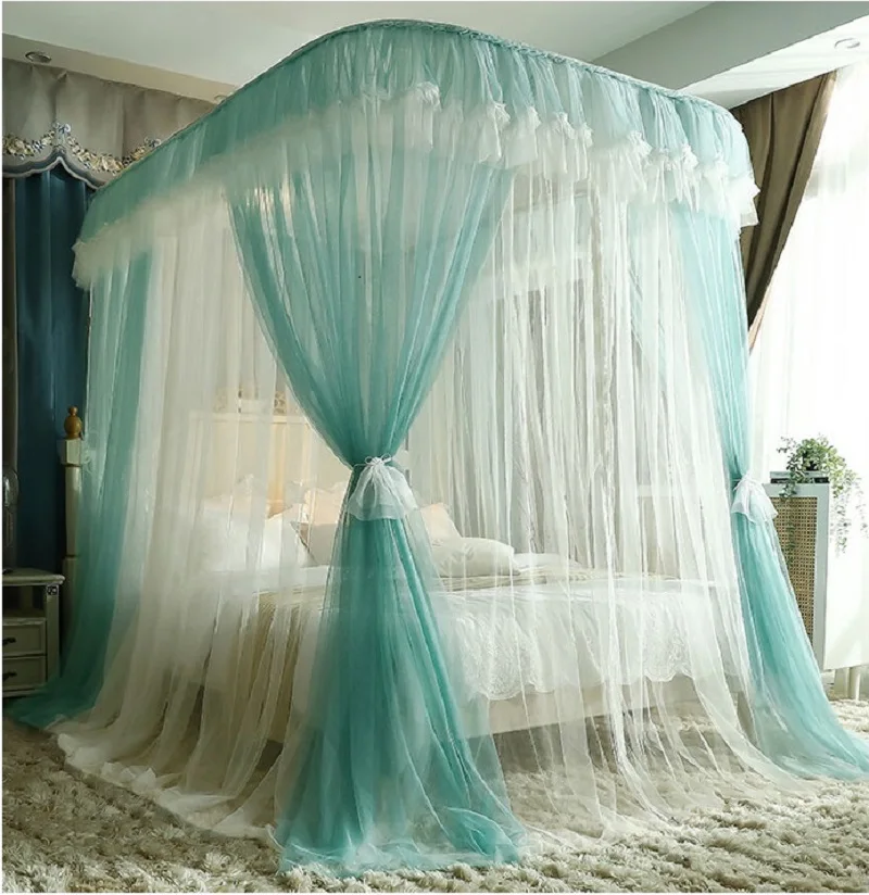 New High Grade U-shaped Mosquito Net Double-layer Yarn Shading Bed Curtain Light Green Household 1.5-2.0M Thickened Dense