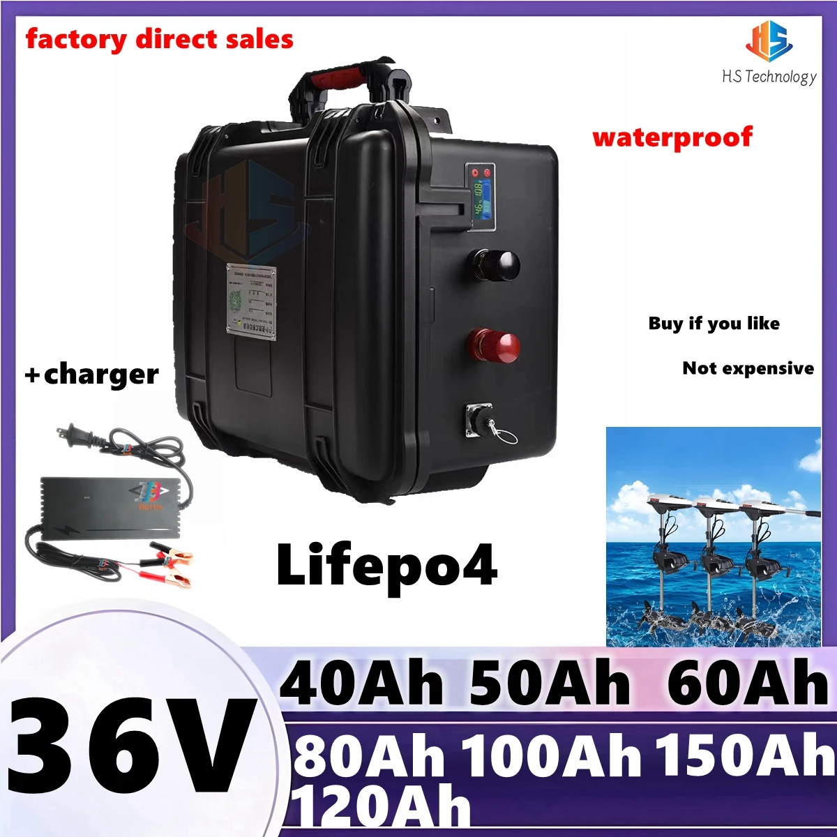 

waterproof Lifepo4 36V 40Ah 60Ah 80Ah 100ah 120Ah 150Ah Lithium battery bms for trolling motor Propeller boat+Charger