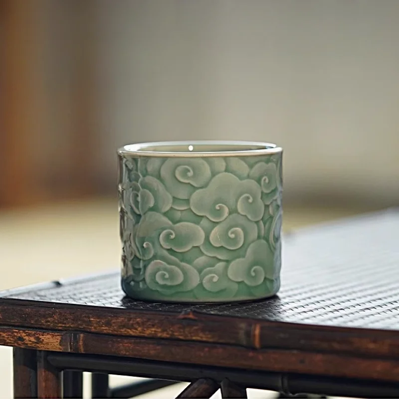 Chinese Style Simple Jade Auspicious Cloud Master Single Cup Retro Yue Kiln Celadon Tea Set Tea Cup Personal Kung Fu Sample