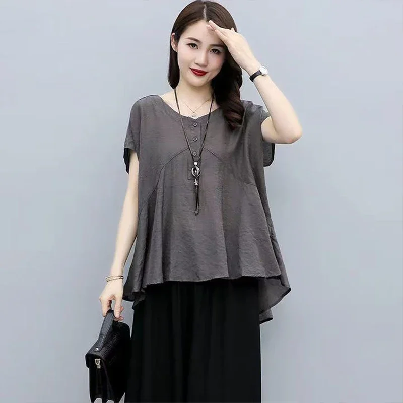 Camisa holgada de manga corta de Color sólido de gran tamaño, Tops versátiles con temperamento informal para cubrir el vientre, ropa de moda para mujer