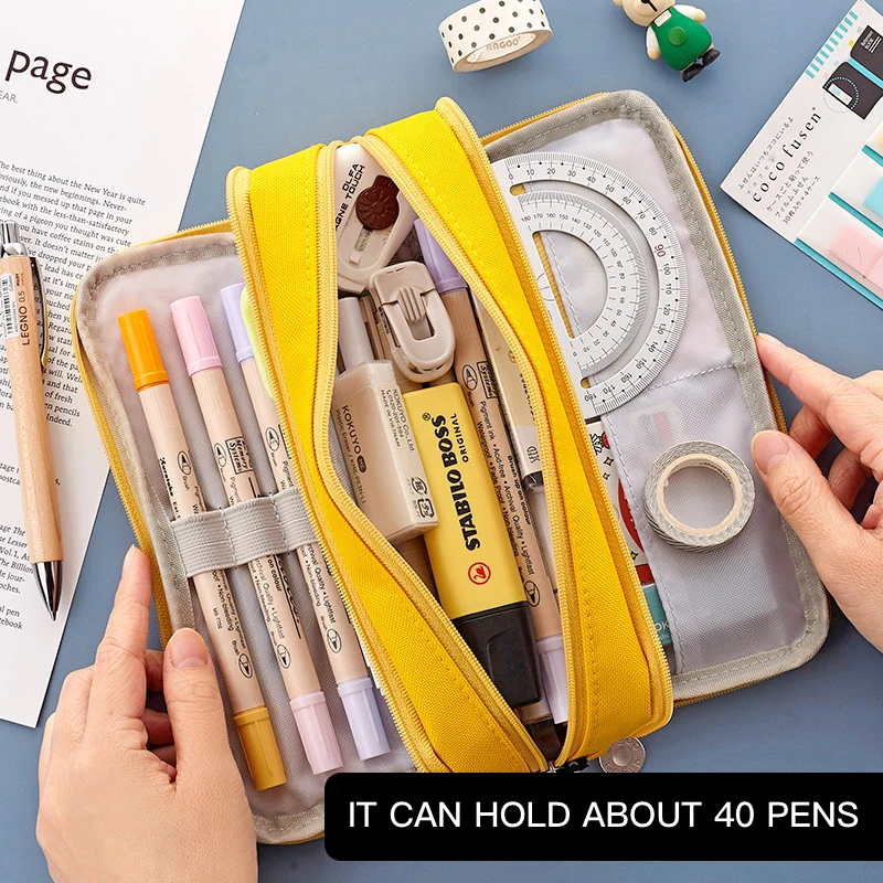 CHEN LIN 1Pcs Large Capacity 3 Compartment Pouch Pencil Case Double Side Opening Pen Bag Simple Solid Color Student Stationery