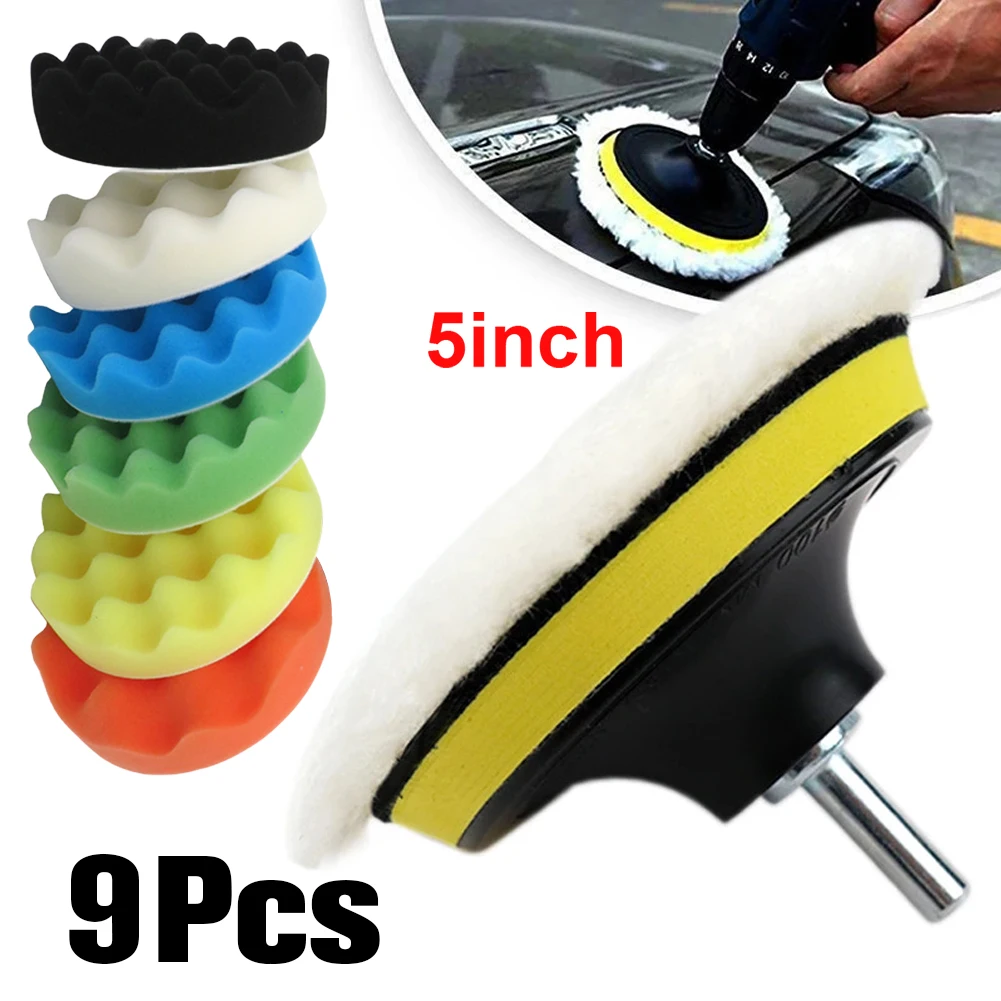 9 Pcs 5 Inch Polishing Pads Wool Drill Car Polisher Foam Pad Buffer Kit Buffing Waxing Sponge Pads Kit for Auto Remove Scratches