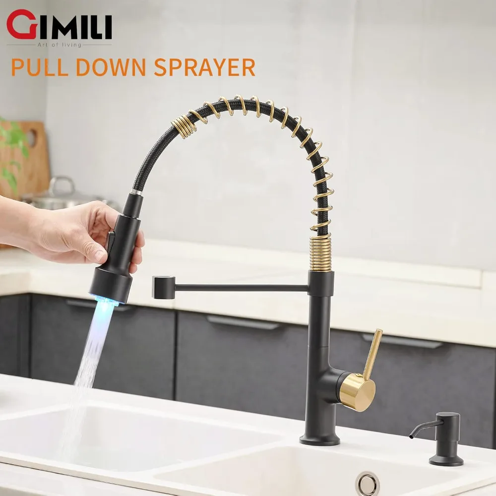 

Black and Gold Kitchen Faucet with Pull Down Sprayer Single Hole Stainless Steel LED Faucet, Suitable for Farmhouses, RV