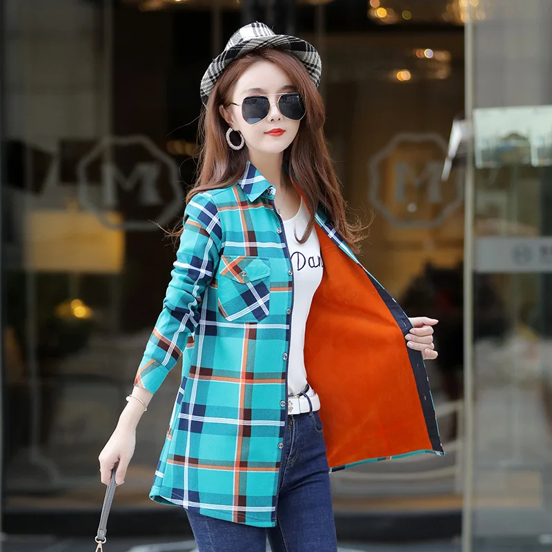 Women Keep Warm Blouses Fleece Tops Blusa Camisa Femininas Long-sleeve Thick Velvet Plaid Shirt Long Flannel Shirts Tops Mujer