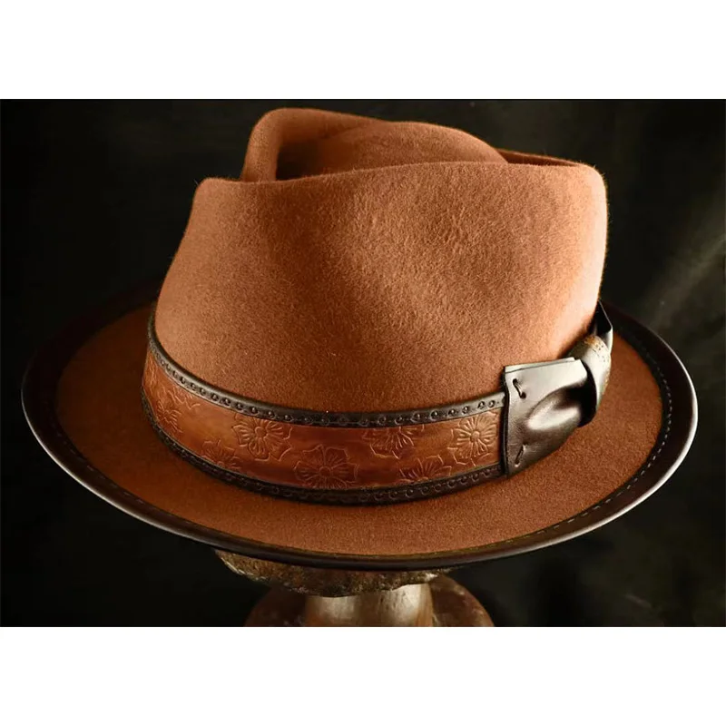 Classic Hot sale leather hemmed wool hat Fashion pure wool top hat fedora wool sombrero hombre bones masculinos