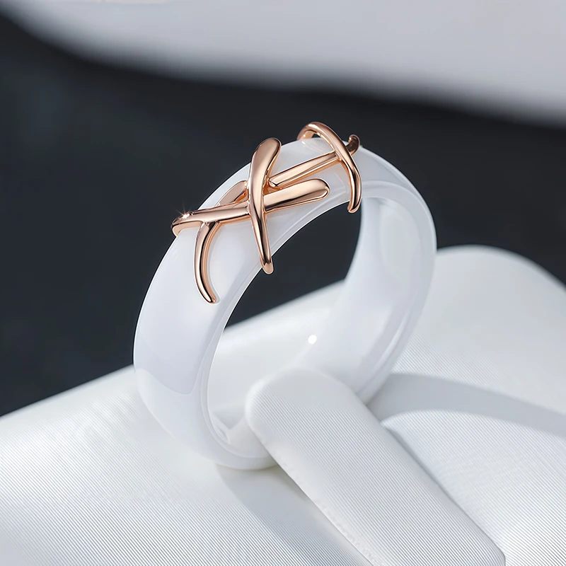 Wbmqda 7mm Width White Ceramics Rings For Women 585 Rose Gold Color Unique Jewelry Accessories Gift