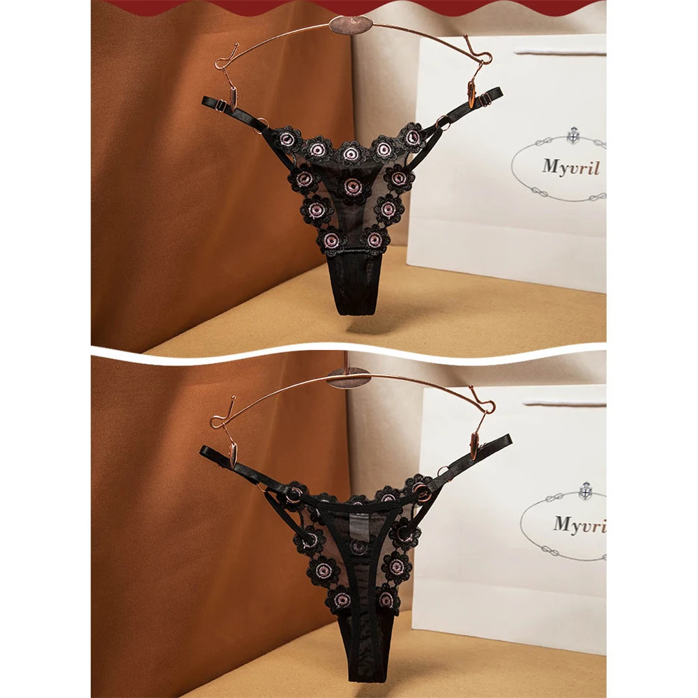 Women 3d Floral Embroidery Thong Ladies Sexy Sheer Briefs See Through Mesh Underwear Low Rise Underpants Sheer Bikini G-string