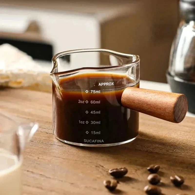Hot Selling Wooden Handle Hand-brew Coffee Machine Single/double-mouth Glass Coffee Measuring Cup Precise Scale, 100ML, Reusable