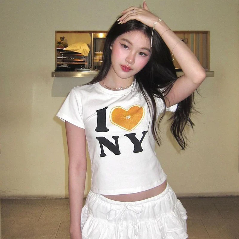 Sexy Meisjes Streetwear Harajuku Vrouwen T-shirt I Love NY Brief Print Crop Tops Slanke Korte Mouw Y2K Mode 2000s Schattige Baby Tees