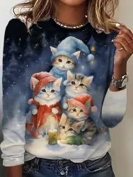3D Printed Christmas Cute Cat Crew-Neck Long Sleeve T-Shirts Fashion Womens Clothing Casual Y2K Clothes Harajuku Female Clothing