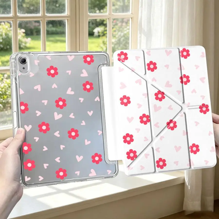 With Pen Slot Cover Tablet Case For iPad 11th 10th Gen Pro 13 2025 2026 9th 12th Air 8 M2 M3 3 Mini 7 6 5 Sweet Red Flower