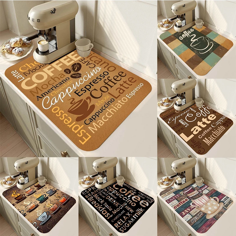 Classic Coffee Design Dish Drying Mat Soft Rubber Non-Slip Absorbent Stain-Resistant for Kitchen Coffee Bar Countertops