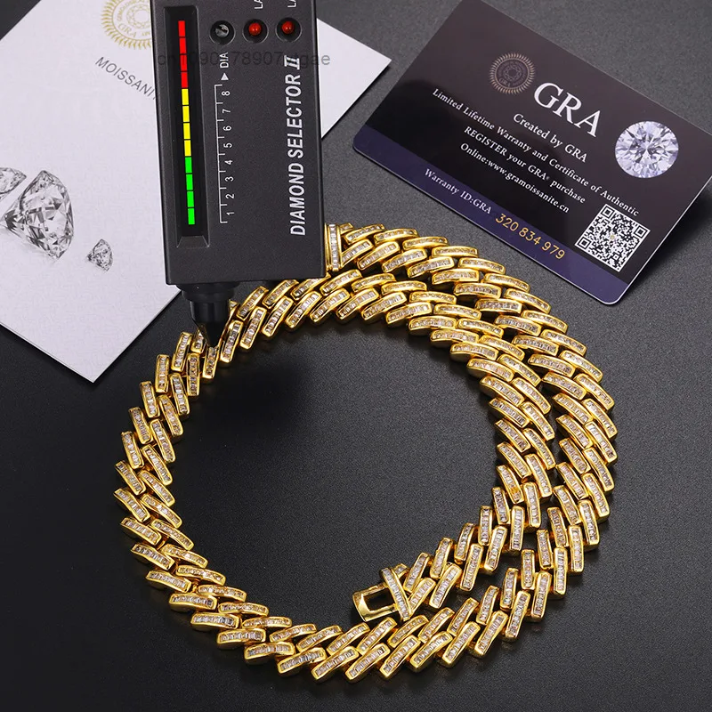 14K 14mm 18K Yellow Gold Plated 925 Sterling Silver VVS Baguette Moissanite Diamond Iced Out Cuban Link Chain Necklace.