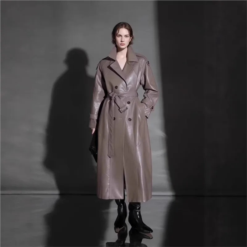 A simple elegant cool and stylish leather with fashionable design long coat for women