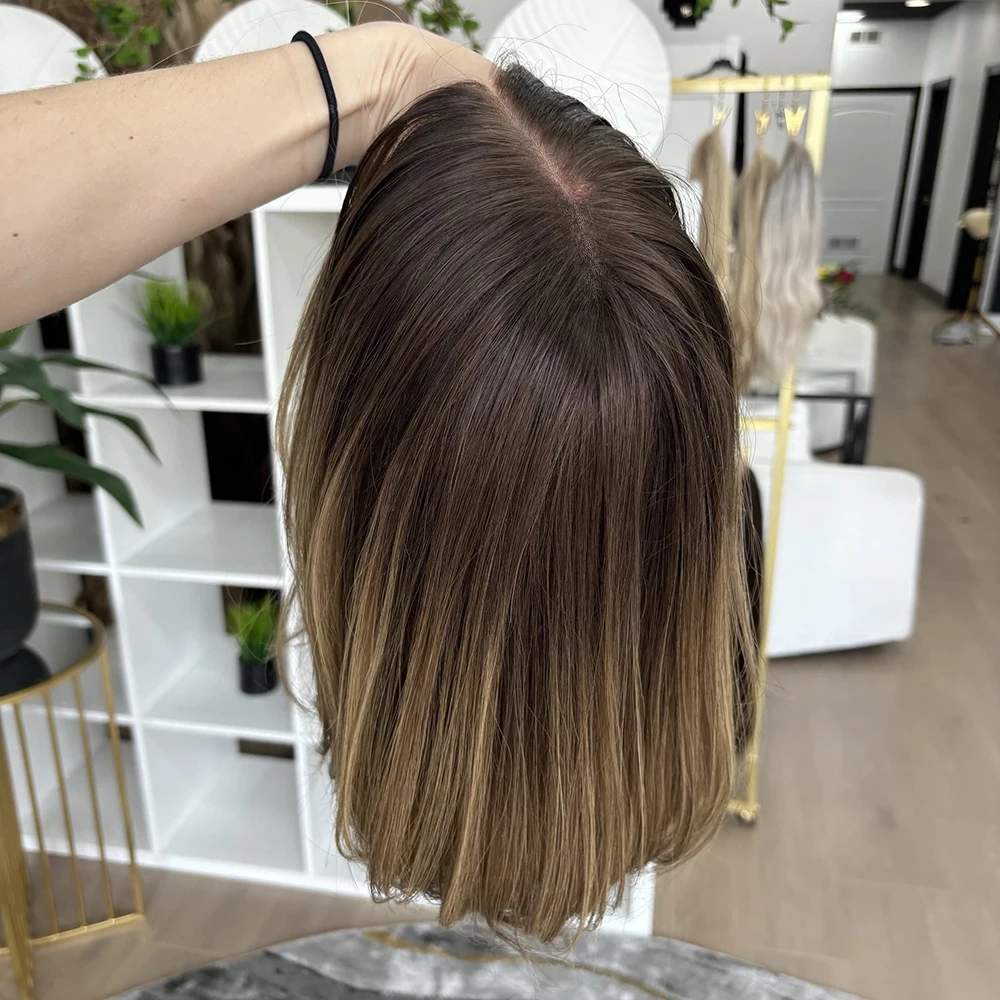 Chestnut Brown Short Wigs with Highlights 10inch Daily Wearing Straight Wig High Heat Cosplay Synthetic Lace Front Wig for Women