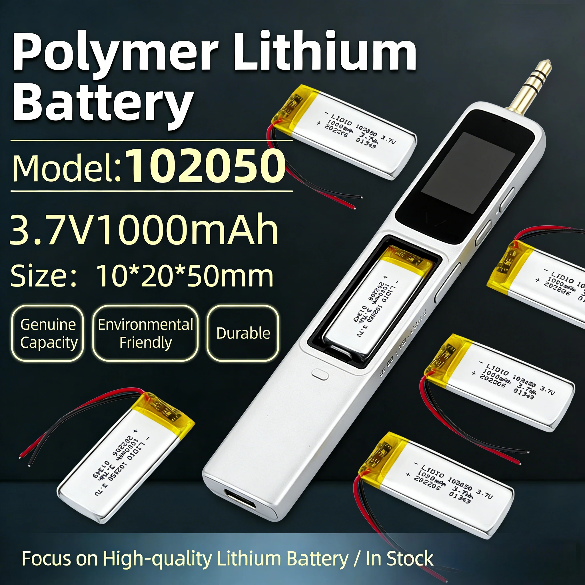 

Battery Cell 102050 3.7V Real capacity 1000mAh Lithium Polymer Rechargeable Lipo High Energy Density With PH2.0 Plug
