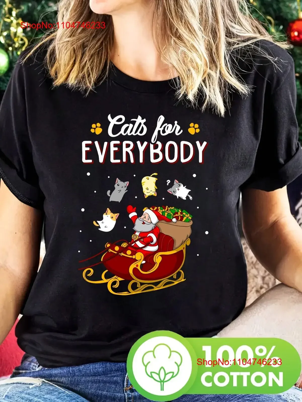 Camiseta con estampado de Papá Noel y trineo de gato para mujer, 100 algodón, vintage, lavada, versátil, informal, estirada, suave y elegante