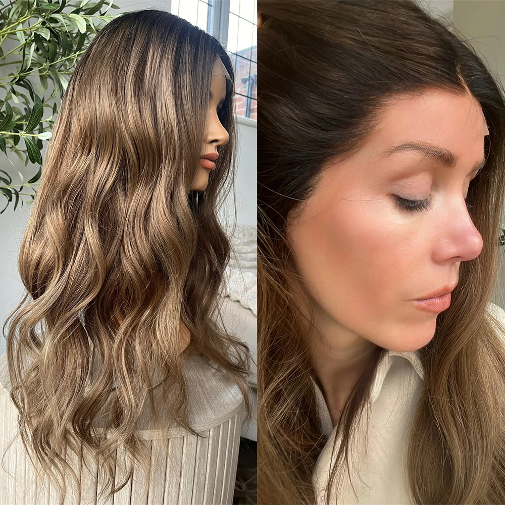 

13x4 Looose Wave Brown Brunette Highlights Lace Front Wig for Women 28 Inch Heat Resistant Synthetic Fiber Glueless HD Lace Wig