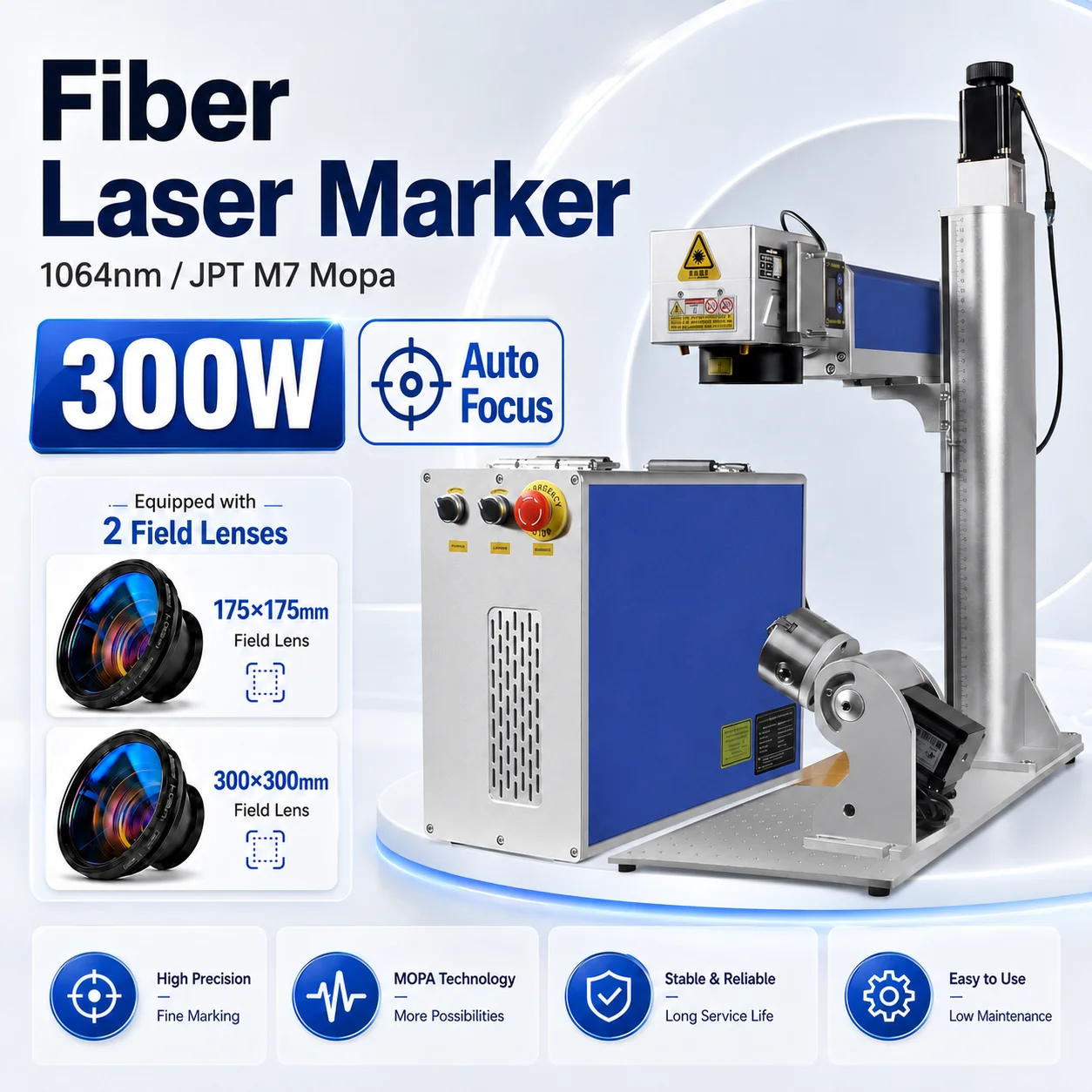 300W Auto Focus JPT MOPA Fiber Laser Marking Machine Deep Engraving Machine Laser Engraver for Stainless Steel Aluminum Brass Copper Metal