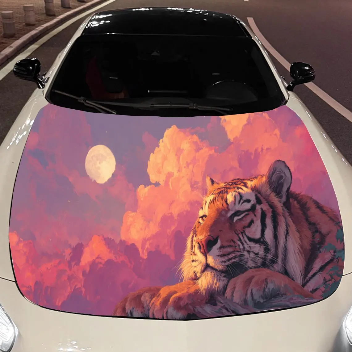 Serene Sunset Tiger Car Hood Stickers - Self-Adhesive, Waterproof and Durable Vinyl Wrap, Decorate And Protect Your Car - The Gi
