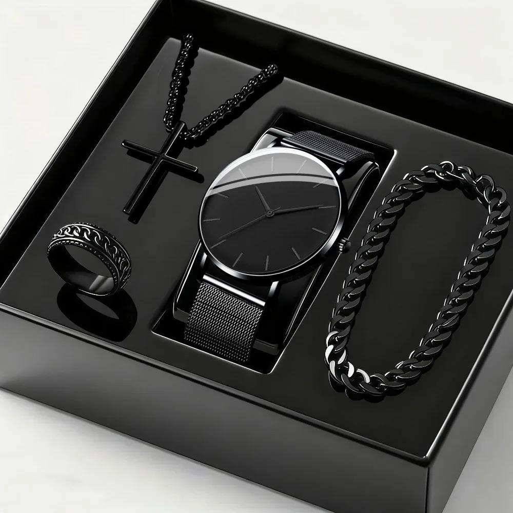 4pcs/set Men's Quartz Watch & Bracelet Set | men's necklace | Casual Watch | Business Watch | Quartz Movement