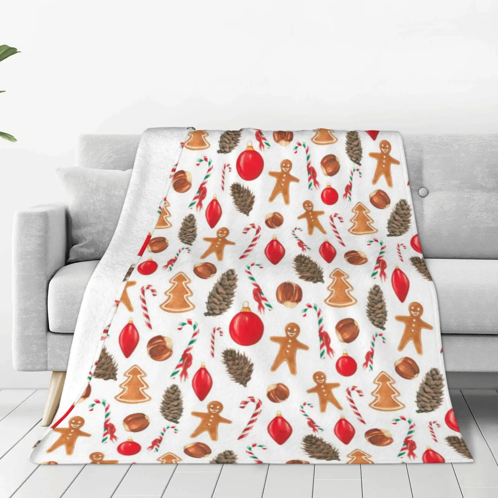 Christmas Pattern Four Seasons Comfortable Warm Soft Throw Blanket Christmas Pattern Gingerbread Cookies Bulbs Hazelnut Nuts