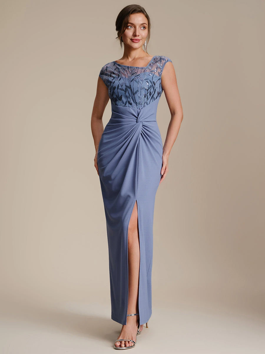 Aunber Classic Dusty Blue Asymmetrical Neckline Evening Gowns Chest Sheer with Beads Sequins High Front Slit Elegant Prom Gowns