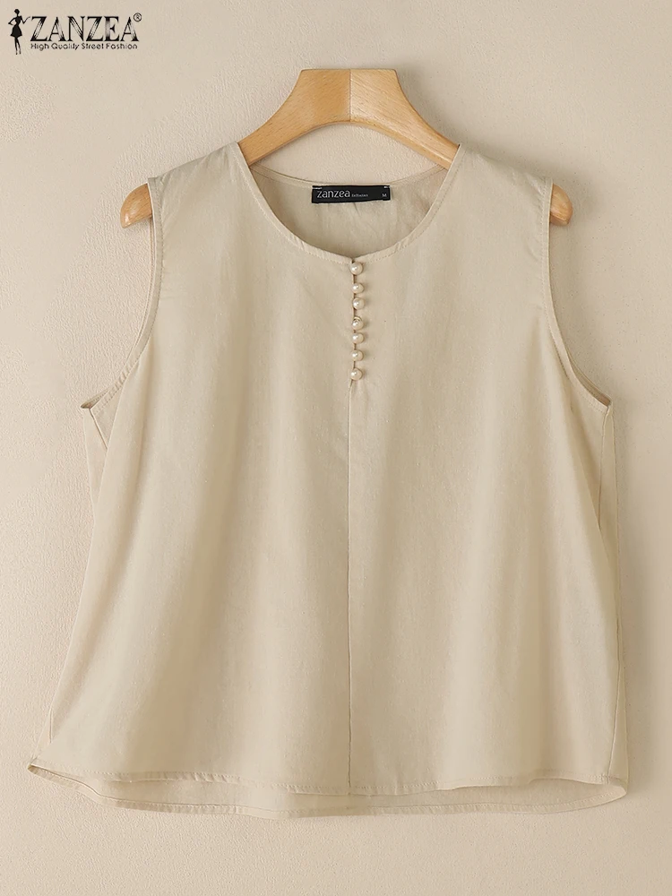 Mode Urlaub Tanks Tops ZANZEA Sommer Frauen Camis Ärmellose Solide Baumwolle Bluse Beiläufige Lose Hemd Strand Tunika Oversize 2025