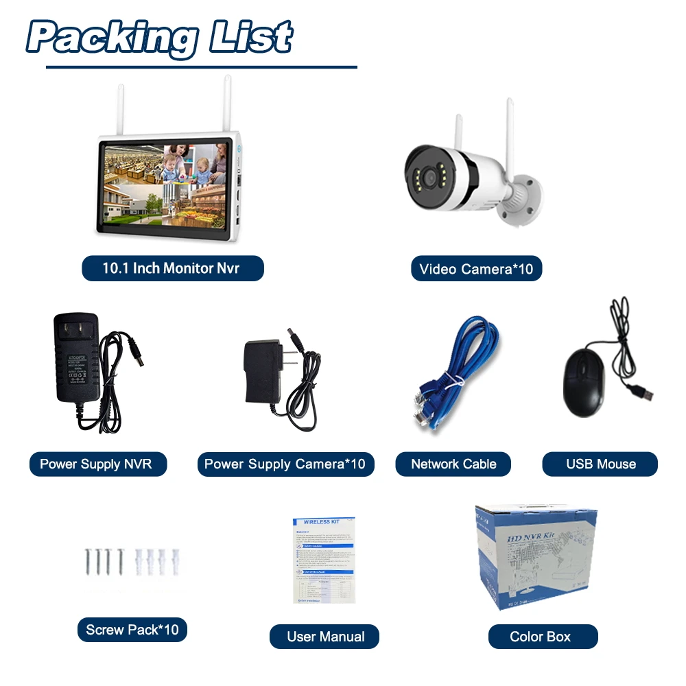 3MP 무선 보안 카메라 시스템 양방향 오디오 WIFI 카메라 4채널 NVR 키트 비디오 감시 시스템 10.1인치 LCD 포함