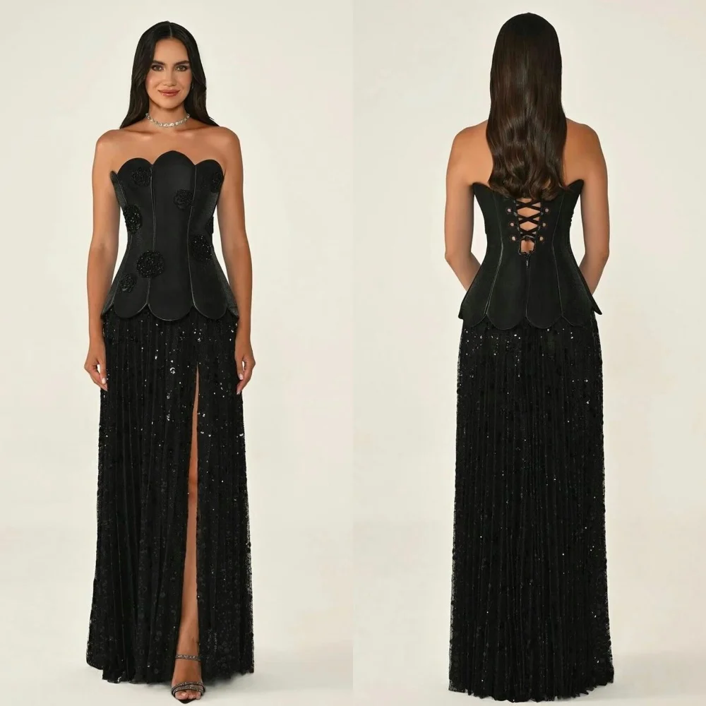 

Индивидуальные блестящие замысловатые цветы ручной работы с бисером и блестками, длинные платья трапециевидной формы без бретелек, платья для особых случаев на заказ, ретро