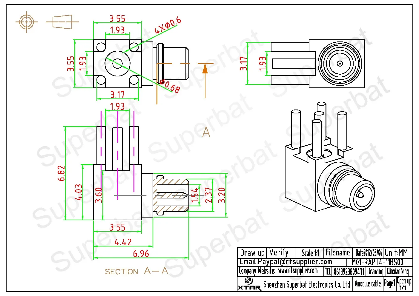 Conector Coaxial RF chapado en oro Superbat 50 ohm MMCX macho, ángulo recto, agujero pasante, montaje en PCB