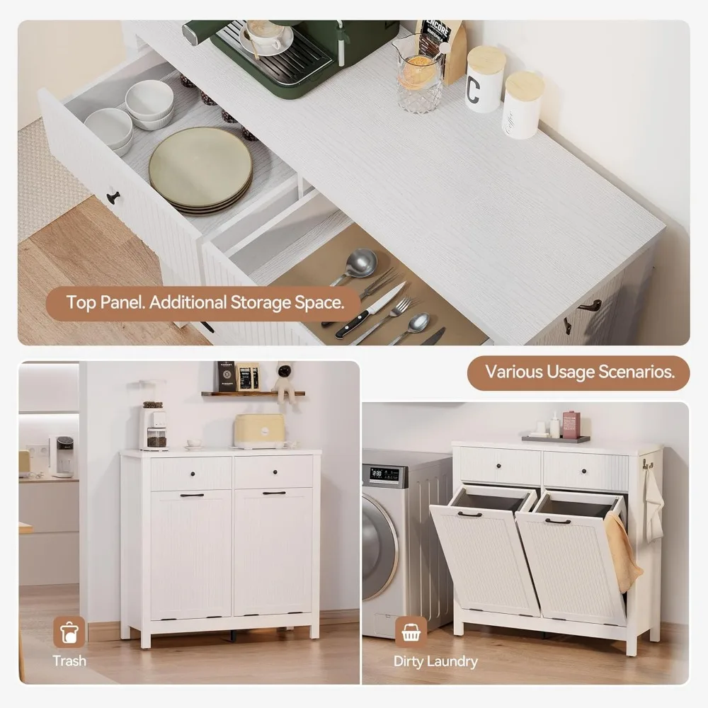 خزانة سلة الغسيل مع سلة مهملات قابلة للإمالة وسلة تخزين، طراز مزرعة سعة 10 جالون، تصميم حبوب خشبية مخفية