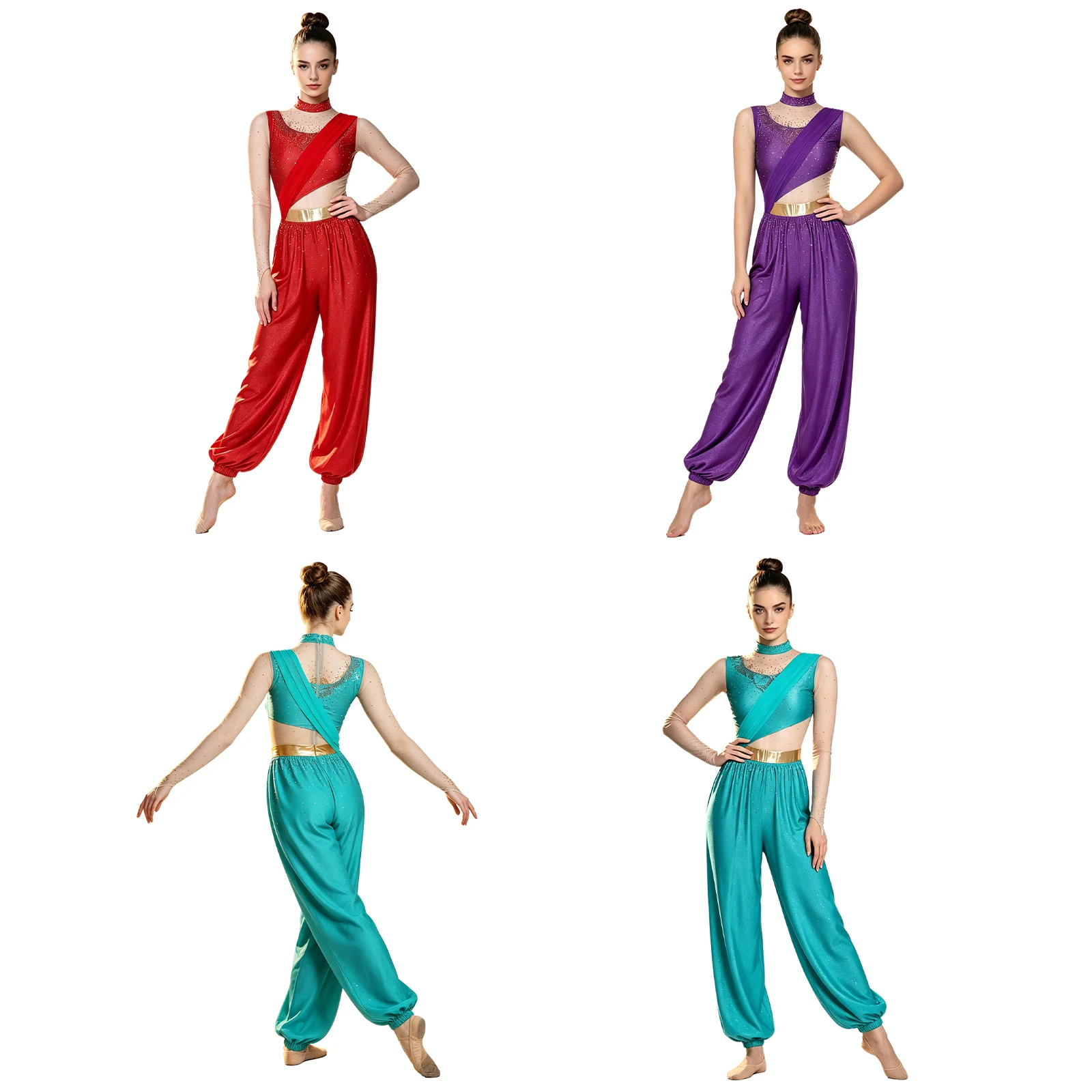 Bauchtanz-Outfit für Damen mit Strasssteinen, Märchenprinzessin-Kostüm, Transparenter Mesh-Jumpsuit mit Langen Ärmeln und Metallischer Taillenlinie – Detail 3