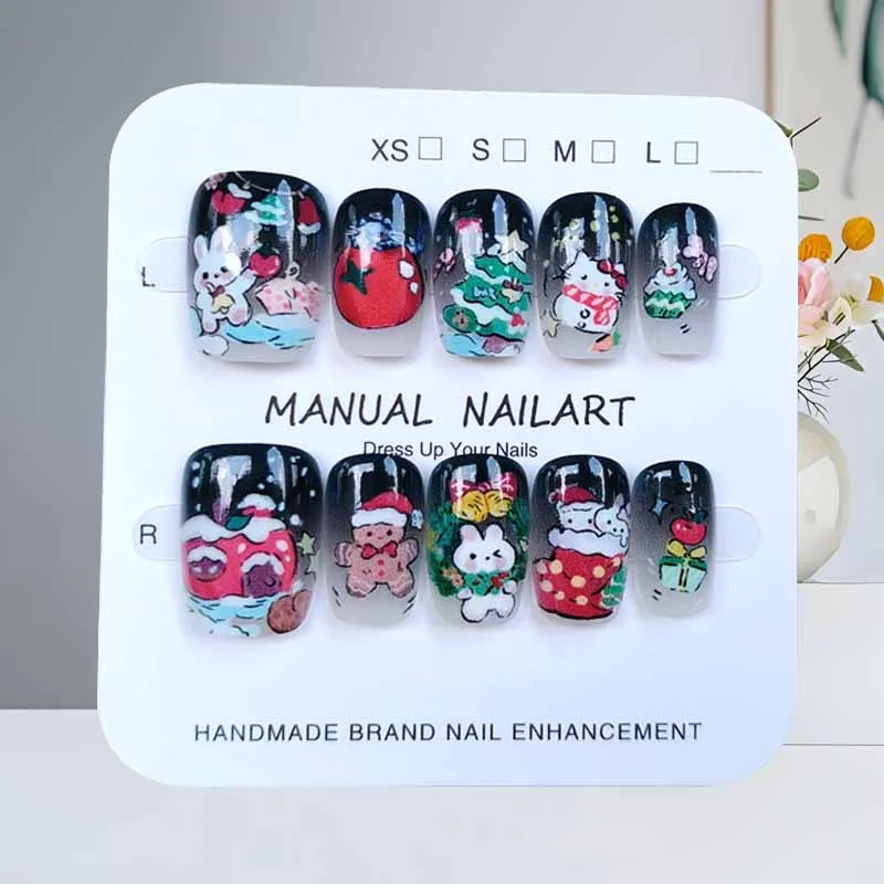 

10 шт., милый мультяшный «Hello Kitty», новогодний рождественский пресс на ногтях, яблоко и рождественская елка, хлопья, патч для ногтей, съемные типсы для ногтей