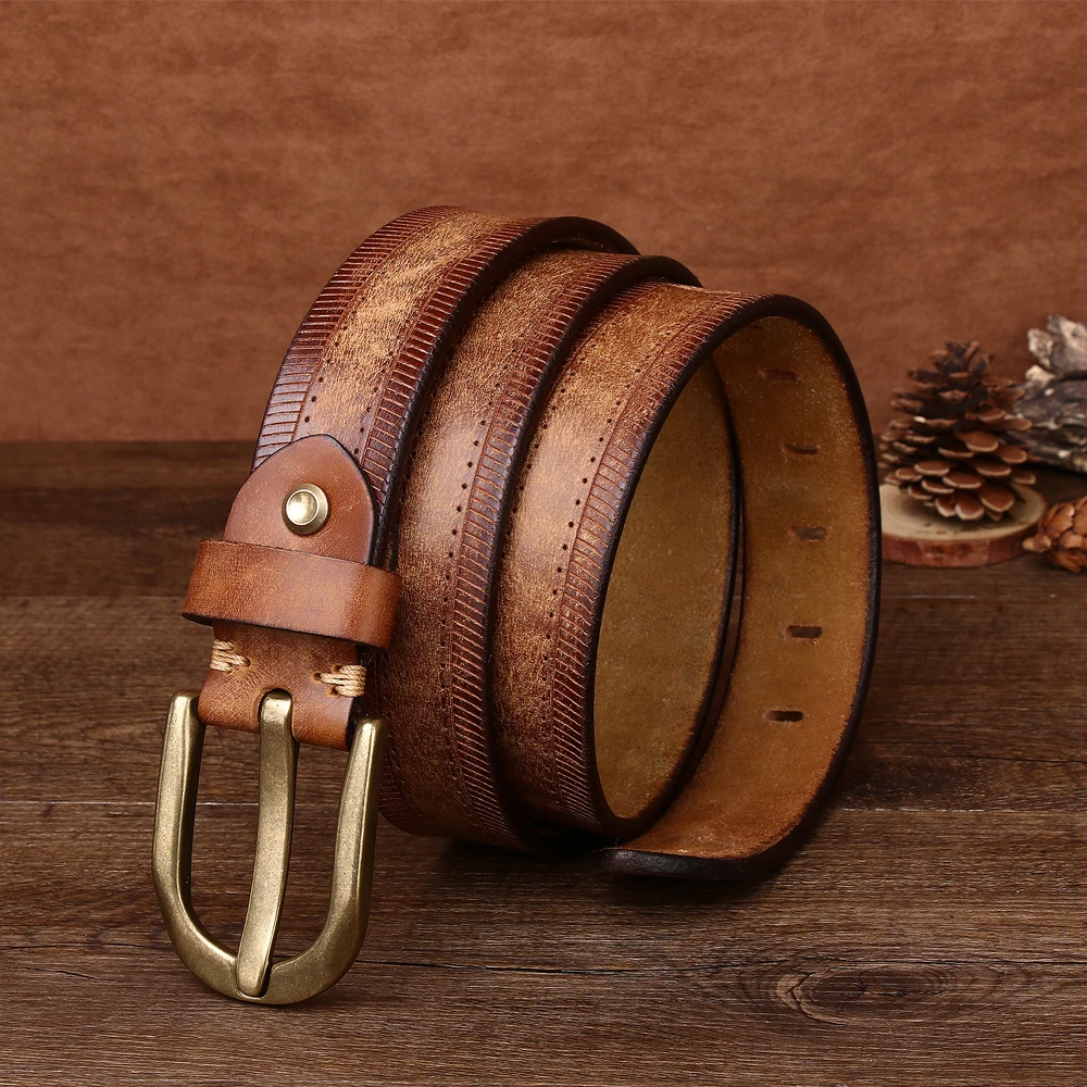 3.8cm width Men's hand polished casual vintage vegetable tanned leather top layer cowhide thickened belt with personality