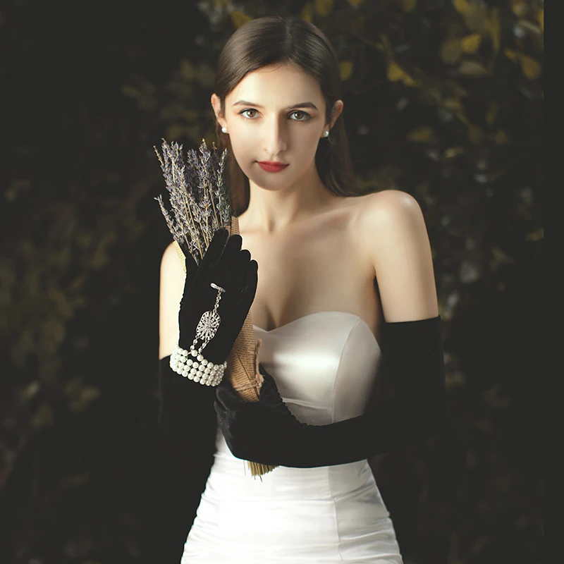 Wedding Bridal Long Opera Handschuh Black Gloves for Apparel Velvet Finger Brides Bridesmaid Gloves image 2