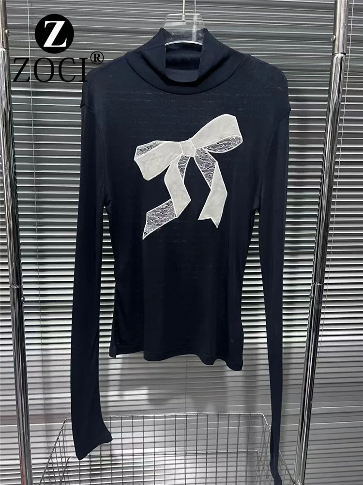 [ZOCI] 2024 Autumn/Winter New Product Designer Buying Shop Bow Tie Embroidered Top Look Thin Long Sleeve Knitted T-shirt