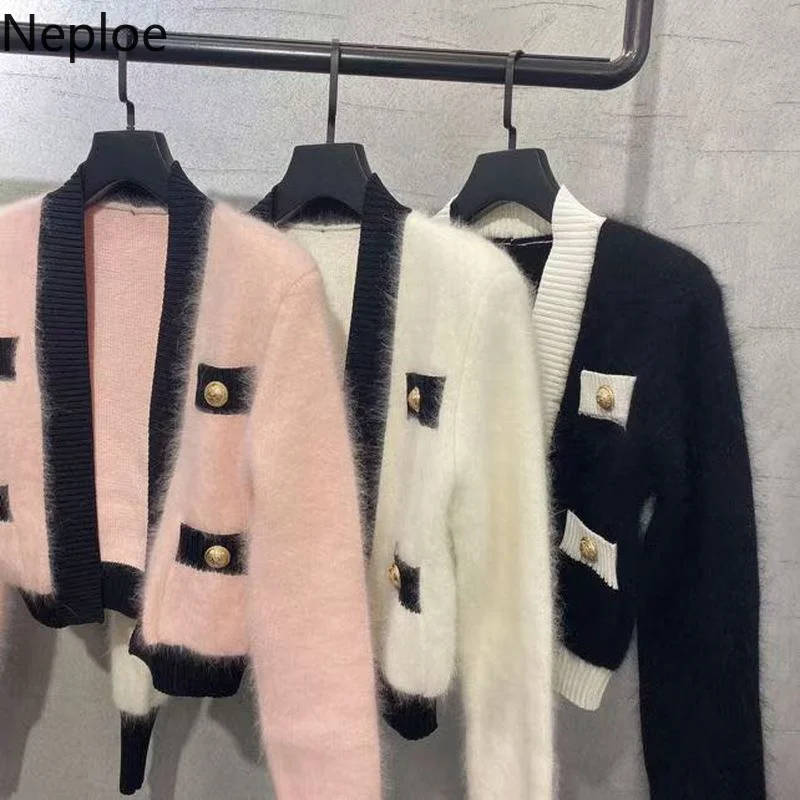 Neploe Cropped Cardigan Fall 2021 Women Clothes Winter Woman Sweater Korean Fahsion Y2K Tops Pull Femme Ladies Mohair Sweaters