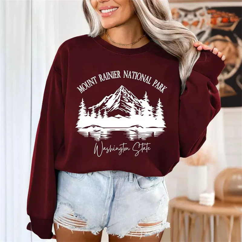 Pull imprimé vintage pour femme, sweat à capuche décontracté, manches longues, coton, montagne, parc national du mont Rainier, mode d'hiver, nouveau