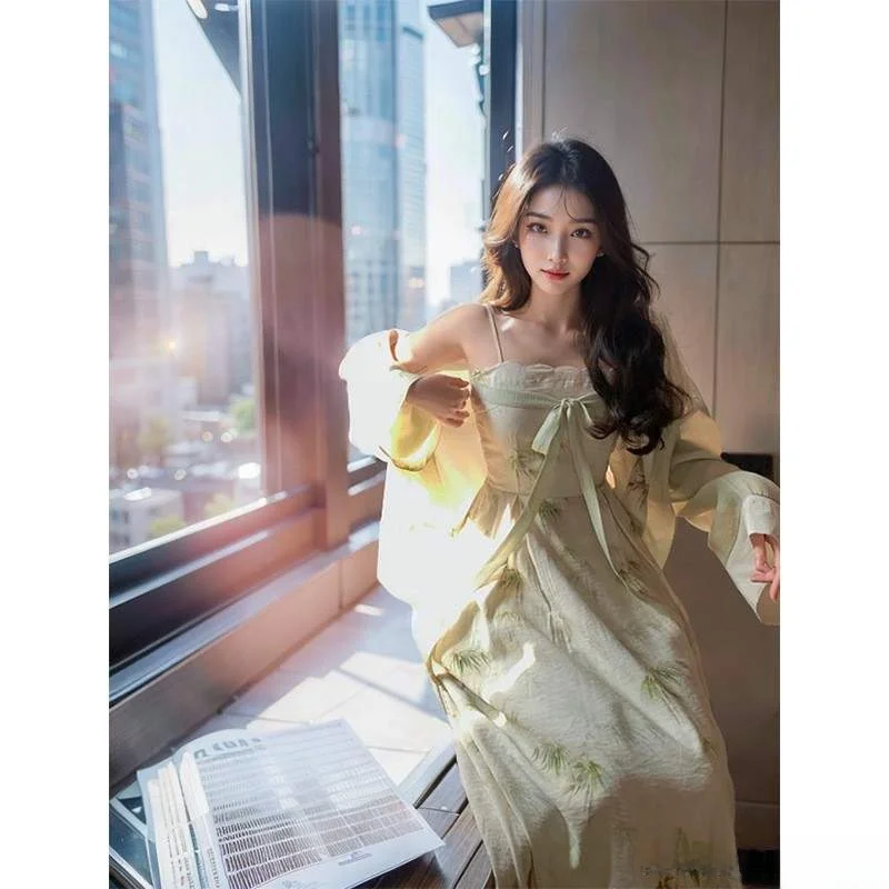 

New Chinese Style Bamboo Leaf Spring Design Women's Cardigan Dress Set Traditional Fashion Sleeveless Skirt Outfit