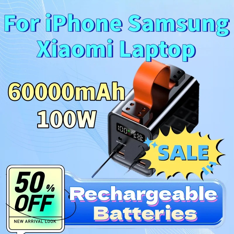 

Внешний аккумулятор большой емкости 60000 мАч, 100 Вт, портативный, с быстрой зарядкой USB-C PD QC DC для iPhone, Samsung, Xiaomi, ноутбуков