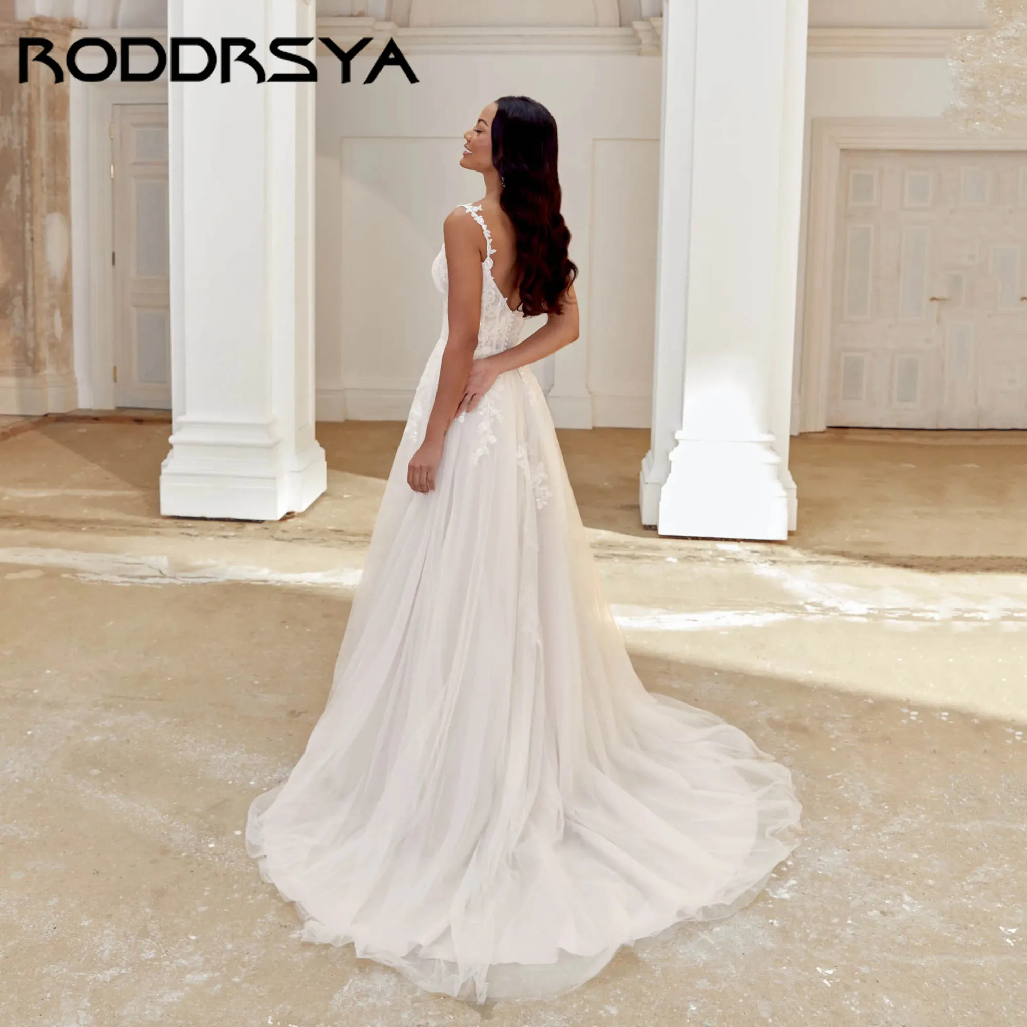 Suknia ślubna RODDRSY na ramiączkach spaghetti, aplikacje, dekolt w serek, linia A, tiulowa, elegancka, bez pleców, vestidos de novia, możliwość personalizacji