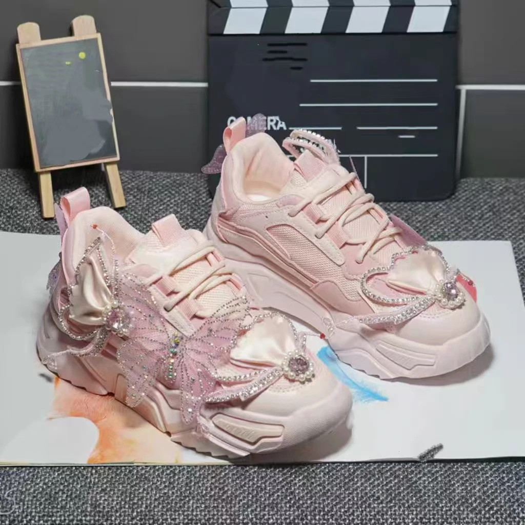 

Pink rhinestone pearl lace-up women's shoes low-top thick-soled lace-up casual sports women's shoes 35-40