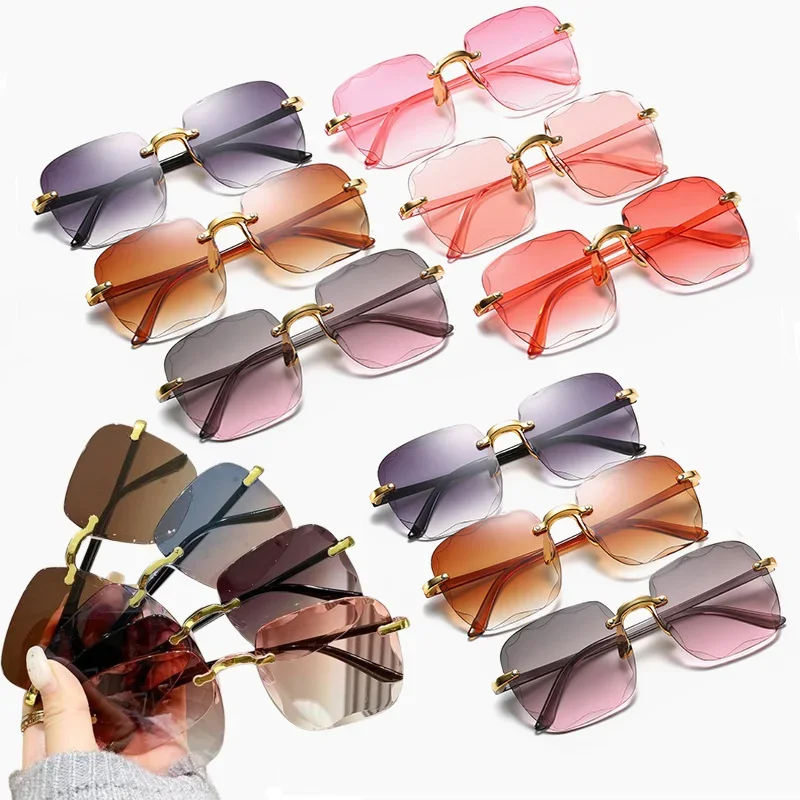 3PCS Square Rimless Sunglasses Women Luxury Brand Designer Summer Red Glasses Fashion Sun glasses For Men UV400 Shades Oculos