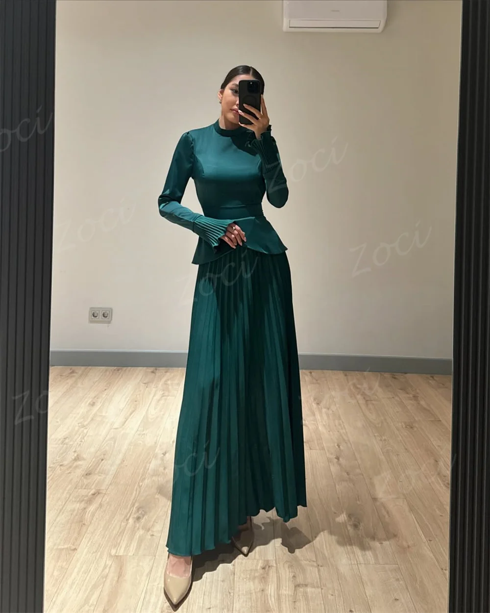 Zoci-vestidos de fiesta largos modestos, cuello alto, plisados personalizados, gasa, manga larga, vestido de noche Formal, traje de línea A, vestido de fiesta 2025